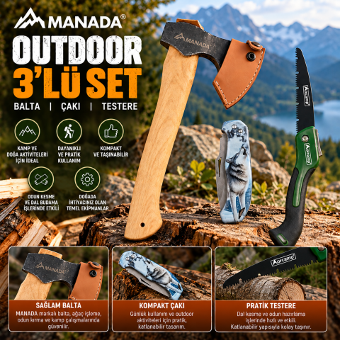 Outdoor 3’lü Set Balta Çakı Katlanır Testere