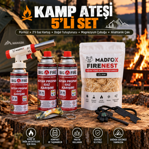 Kamp Ateşi 5’li Set – Pürmüz, 2’li Gaz Kartuş, Ateş Tutuşturucu, Magnezyum Çubuğu ve Çakı