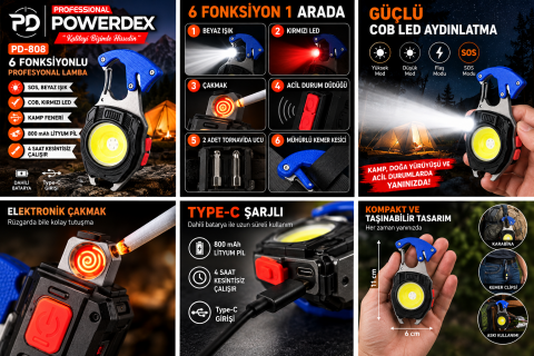 Powerdex PD-808 6 Fonksiyonlu COB LED Kamp ve Acil Durum Feneri