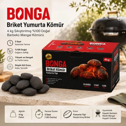 Bonga Briket Yumurta Kömür 4 KG – %100 Doğal, 3 Saat Yanan Barbekü ve Mangal Kömürü