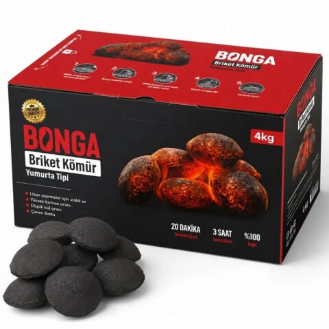 Bonga Briket Yumurta Kömür 4 KG – %100 Doğal, 3 Saat Yanan Barbekü ve Mangal Kömürü