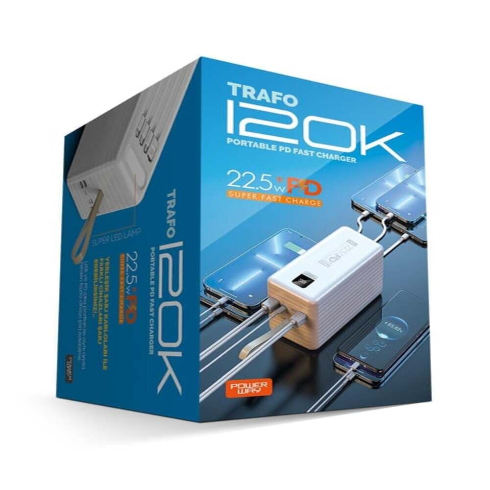 Powerway TRAFO120 Beyaz 120.000 Mah PD 22.5W Dahili Kablolu Hızlı Şarj Işıklı Powerbank