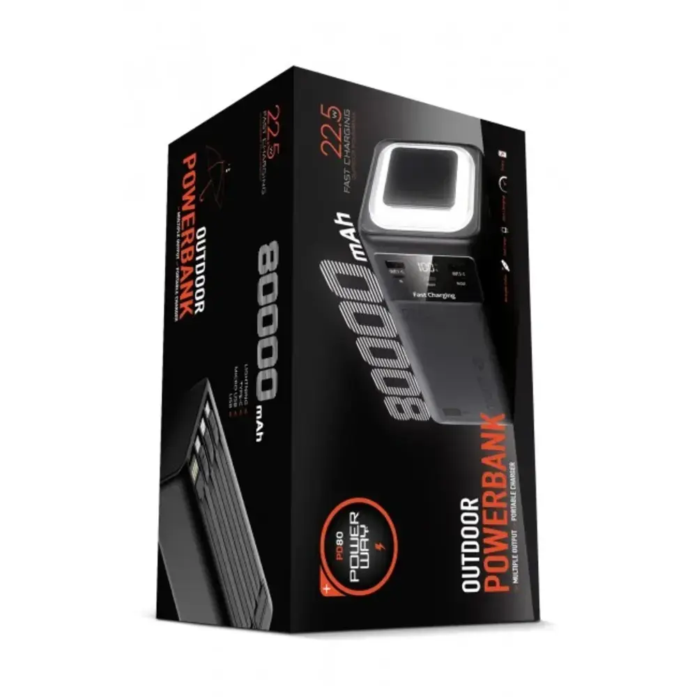Powerway PD80 Kamp Powerbank | Gerçek 80.000 mAh | PD 22.5W Hızlı Şarj | LED Fenerli ve Dahili Kablolu