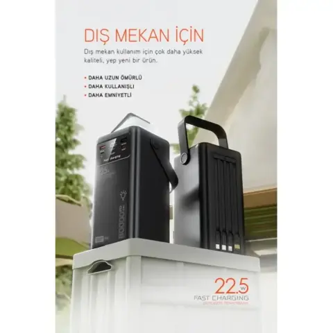 Powerway PD80 Kamp Powerbank | Gerçek 80.000 mAh | PD 22.5W Hızlı Şarj | LED Fenerli ve Dahili Kablolu