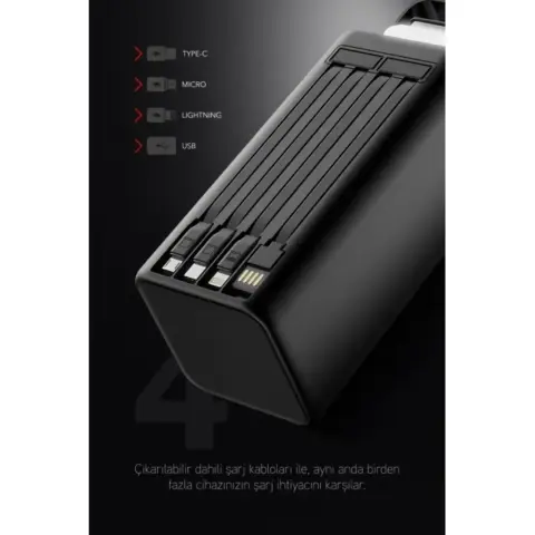 Powerway PD80 Kamp Powerbank | Gerçek 80.000 mAh | PD 22.5W Hızlı Şarj | LED Fenerli ve Dahili Kablolu