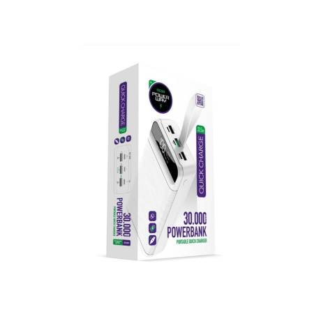 Powerway QC30 Beyaz 30.000 Mah PD 22.5W Hızlı Şarj Led Işıklı Powerbank