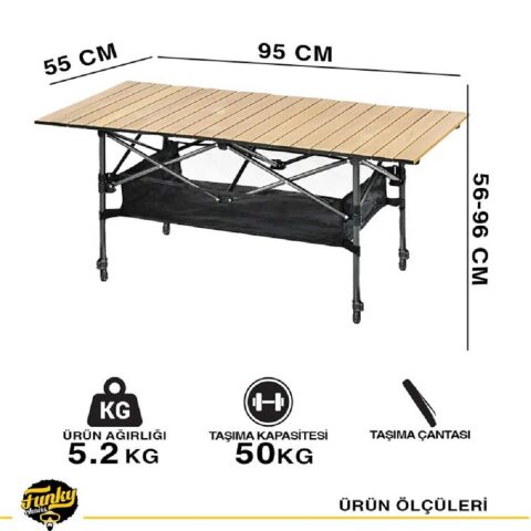Funky Chairs Caravan Plus Katlanabilir Teleskopik Ayaklı Alüminyum Kamp Masası (95x55x56-96cm) – Ahşap Desen