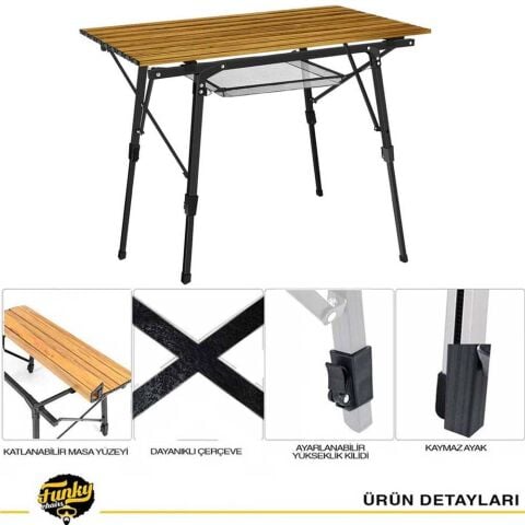 Funky Chairs Elite XL Alüminyum Teleskopik Ayaklı Kamp Piknik Masası – Ahşap Desen
