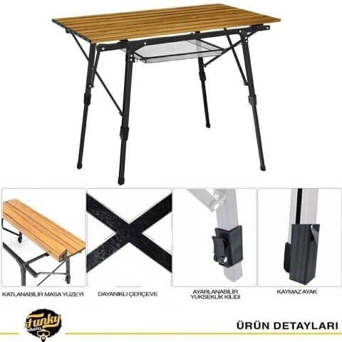 Funky Chairs Elite XL Alüminyum Teleskopik Ayaklı Kamp Piknik Masası – Ahşap Desen