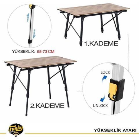 Funky Chairs Elite XL Alüminyum Teleskopik Ayaklı Kamp Piknik Masası – Ahşap Desen