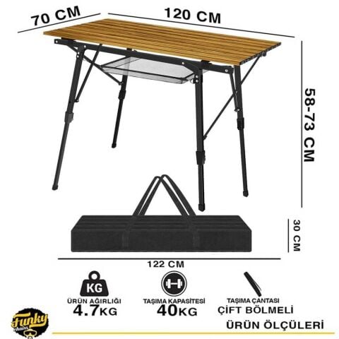 Funky Chairs Elite XL Alüminyum Teleskopik Ayaklı Kamp Piknik Masası – Ahşap Desen