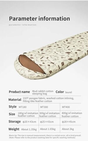 Naturehike Cute Mud Rabbit MT180 Zarf Trazı Pamuklu Uyku Tulumu -8°C