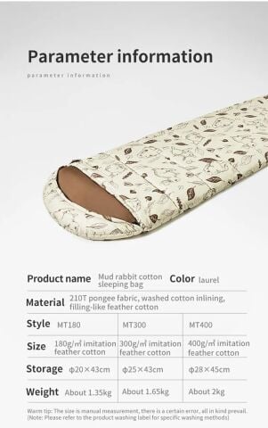 Naturehike Cute Mud Rabbit MT400 Zarf Trazı Pamuklu Uyku Tulumu -18°C