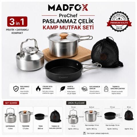 Madfox ProChef 3IN1 Paslanmaz Çelik Kamp Mutfak Seti