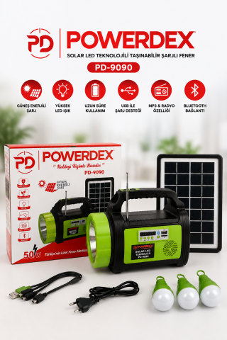 Powerdex PD-9090 Solar Şarjlı Kamp Feneri – Bluetoothlu Taşınabilir Aydınlatma Sistemi