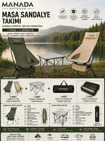 Madfox AirNest Ultra Kamp Sandalyesi + MAND Nomad Katlanır Kamp Masası Seti
