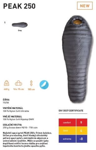 Trimm Peak 250 -8'C Superlite Uyku Tulumu - 195R, Gri