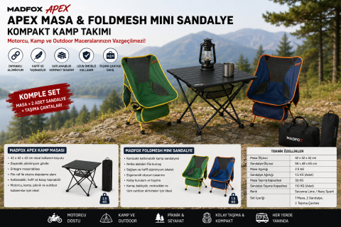 MADFOX APEX Motorcu Kamp Masası + 2 Adet FOLDMESH MINI Katlanır Sandalye Seti
